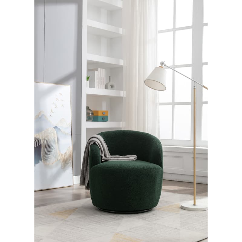 Teddy Fabric Swivel Barrel Chair, Round Upholstered Armchair, Small Single Sofa with Metal Ring for Living Room, Bedroom