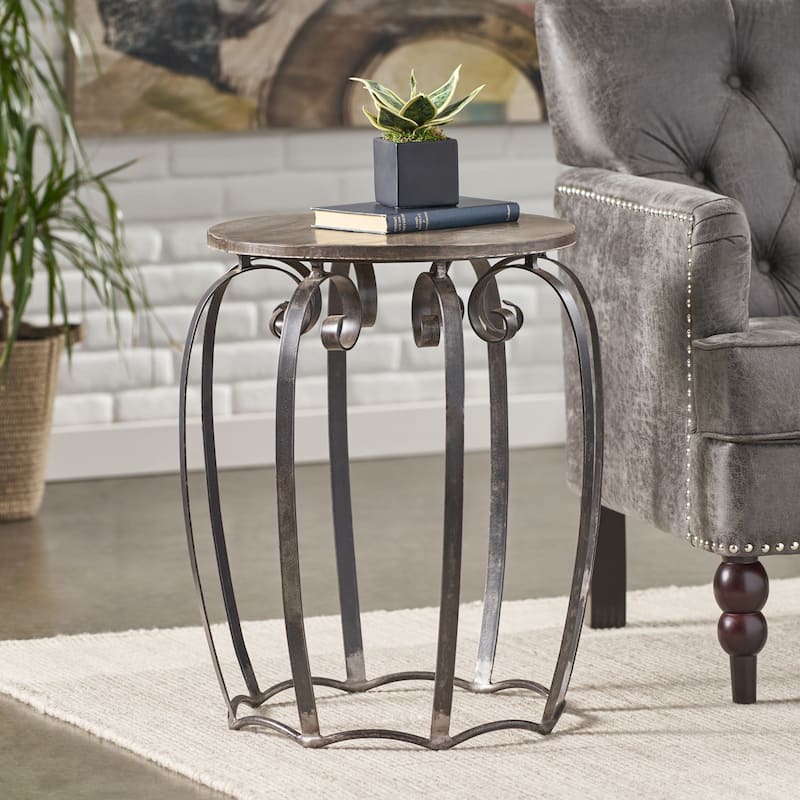 21.25" Modern Round End Table with Curved Metal Frame and Rich Mango Wood Top - Grey
