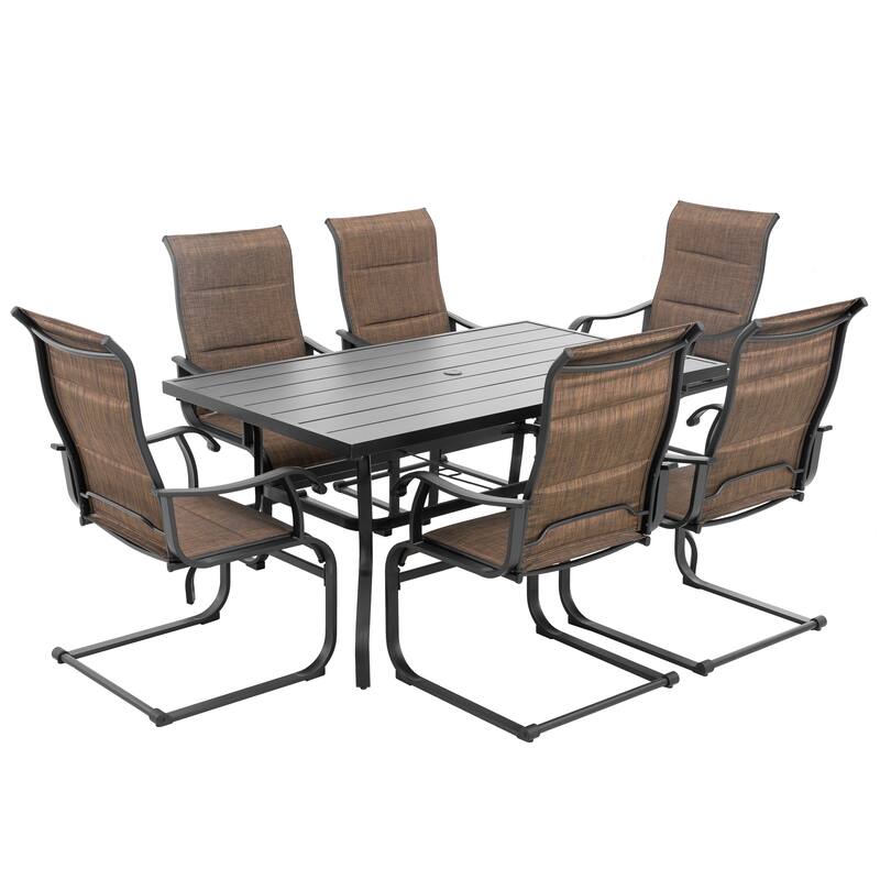 Outdoor Dining Set of 6 with Umbrella Hole, Breathable Textilene and Iron