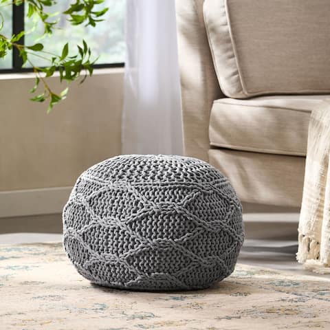 Morven Modern Knitted Cotton Round Pouf by Christopher Knight Home