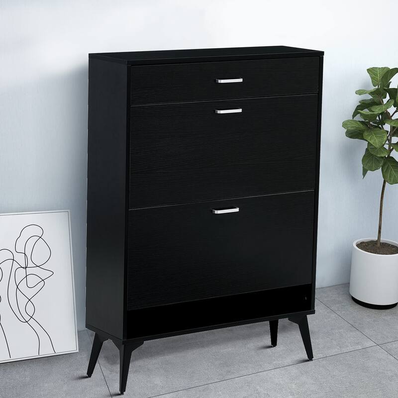 Minimalist Design Wooden Shoe Storage Cabinet, For Entrance Hallway Use - Black