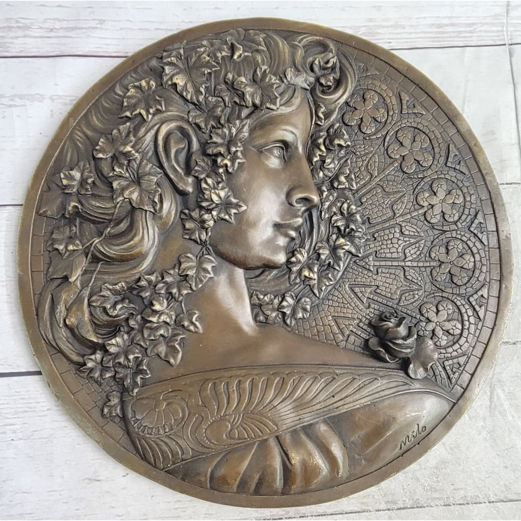 Art Nouveau Female Portrait Bronze Metal Hanging Wall Plate Plaque Signed Art By Milo