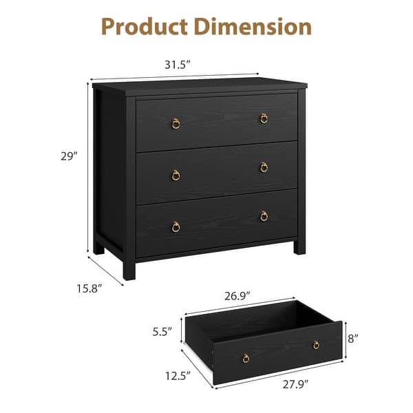 dimension image slide 3 of 4, Modern Chest of Drawers with Gold Ring Pull Handles & Strong Legs, Storage Cabinet for Bedroom, Living Room, Entryway
