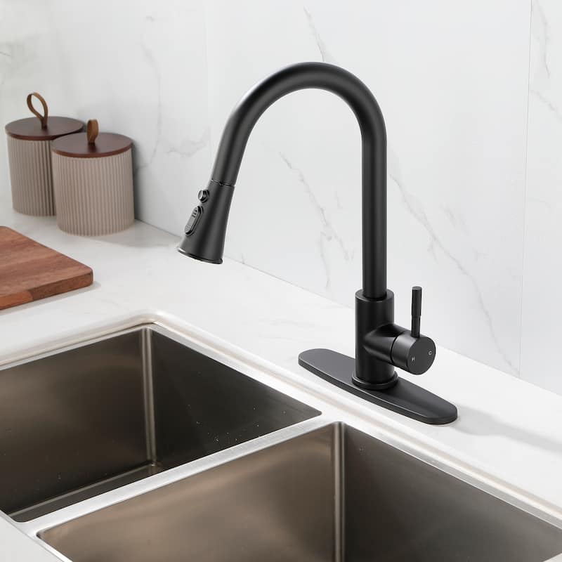 Single Handle Pull-down Sprayer Kitchen Faucet With Deck plate - Matte Black