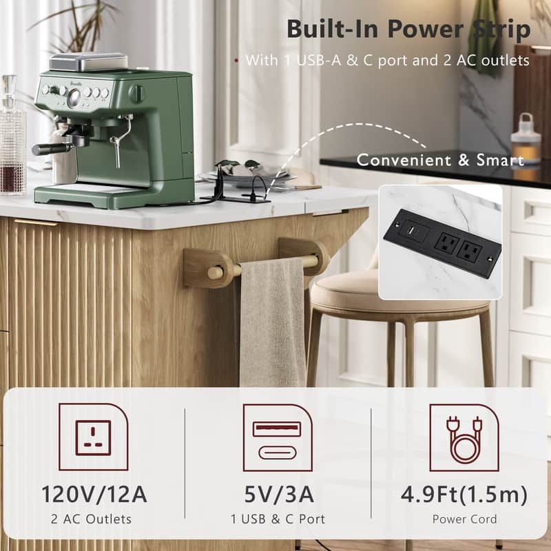 55.5" Fluted Kitchen Island with Drop Leaf and Storage Features Power Outlet and Adjustable Shelves