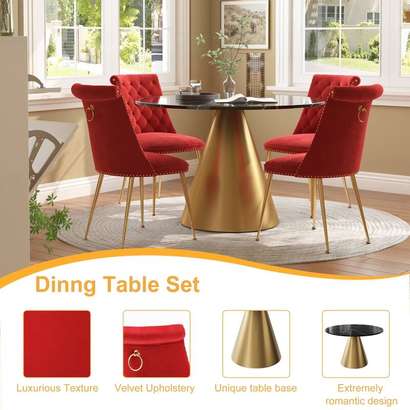 48" Marble Top Metal Dining Table with Velvet Dining Chair Set