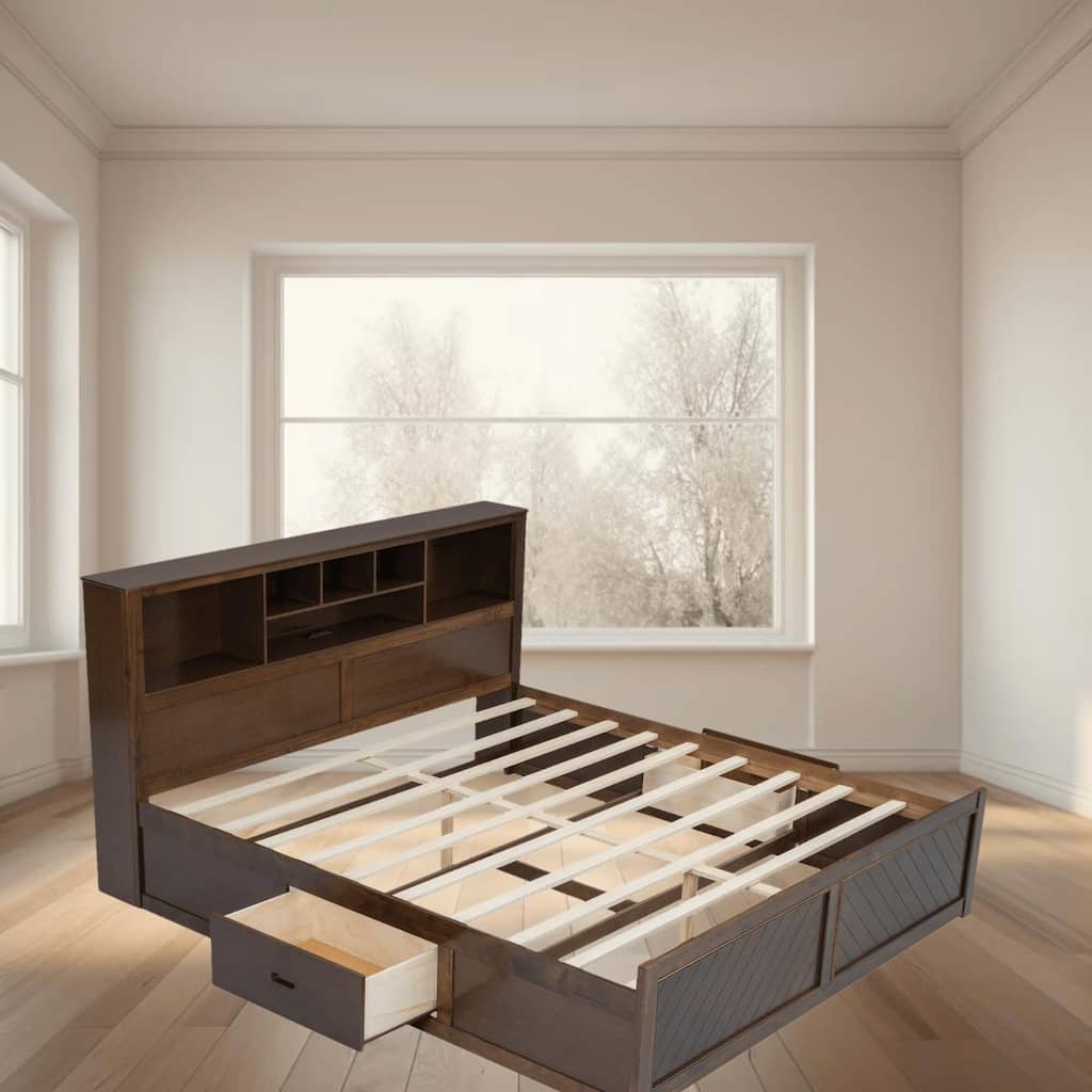 King Size Wood Platform Bed Frame with Multi-Storage Headboard, USB Charging and Drawers, No Box Spring Needed For Bedroom