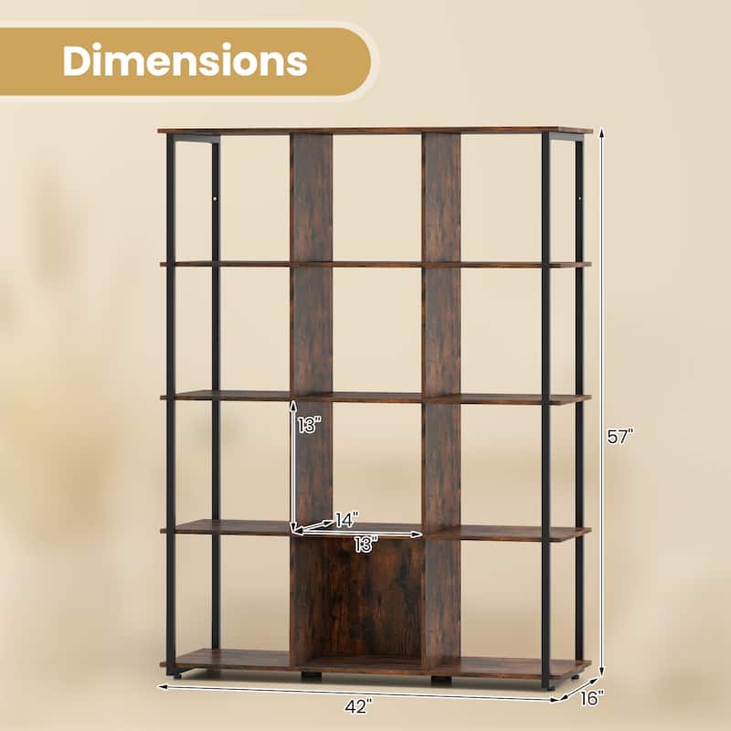 Rustic Brown Metal and Wood 5-Tier Bookshelf 12-Cube Storage Rack with Anti-Tip - 42" L x 16" W x 57" H