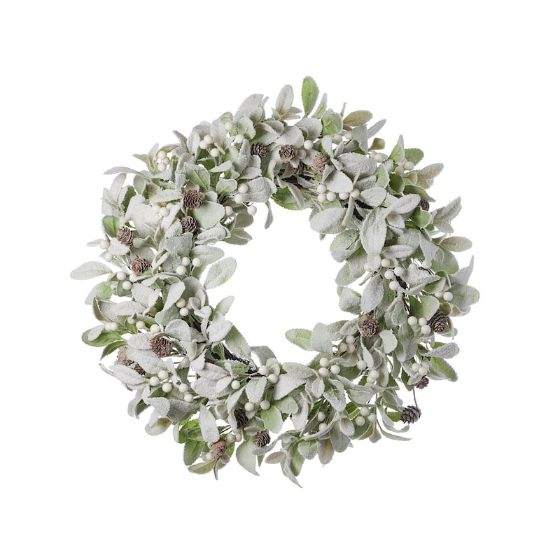 Snowy Lambs Ear and Holly Berry 24in Wreath-White