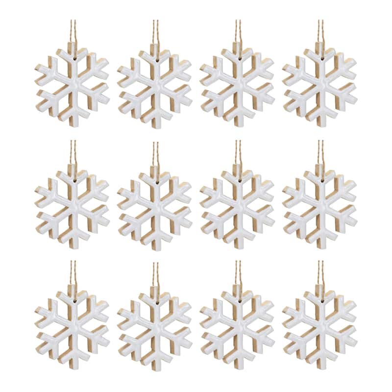 12ct White Wooden Snowflake Christmas Ornaments 4"