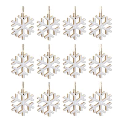 12ct White Wooden Snowflake Christmas Ornaments 4"