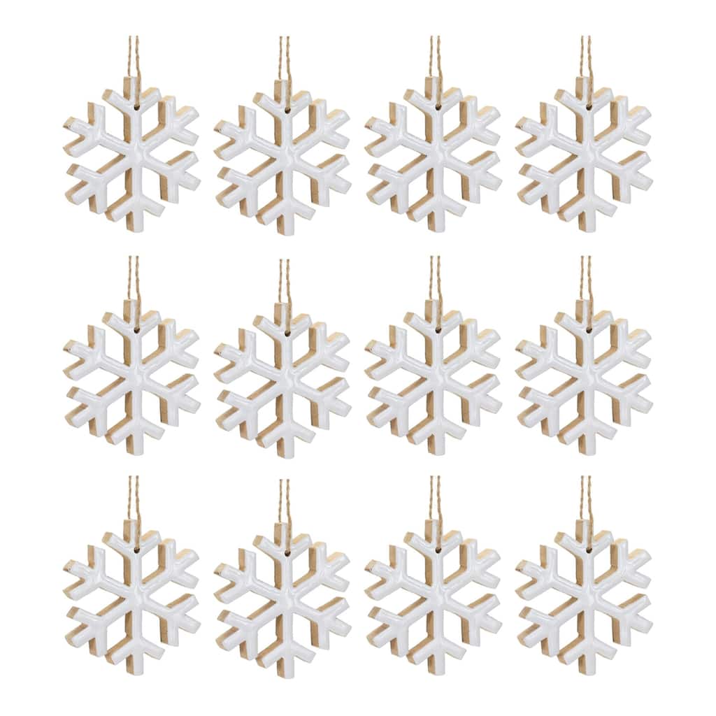12ct White Wooden Snowflake Christmas Ornaments 4"