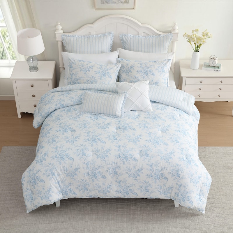 Laura Ashley Annalise Floral Reversible Stripe Breathable Cotton Comforter Set (Blue)