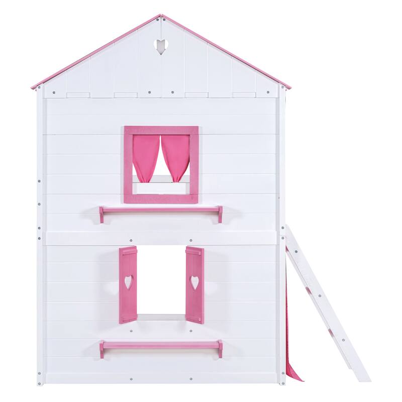 Full Size Wooden Bunk Bed with Elegant Windows and Tent Design in Pink and White
