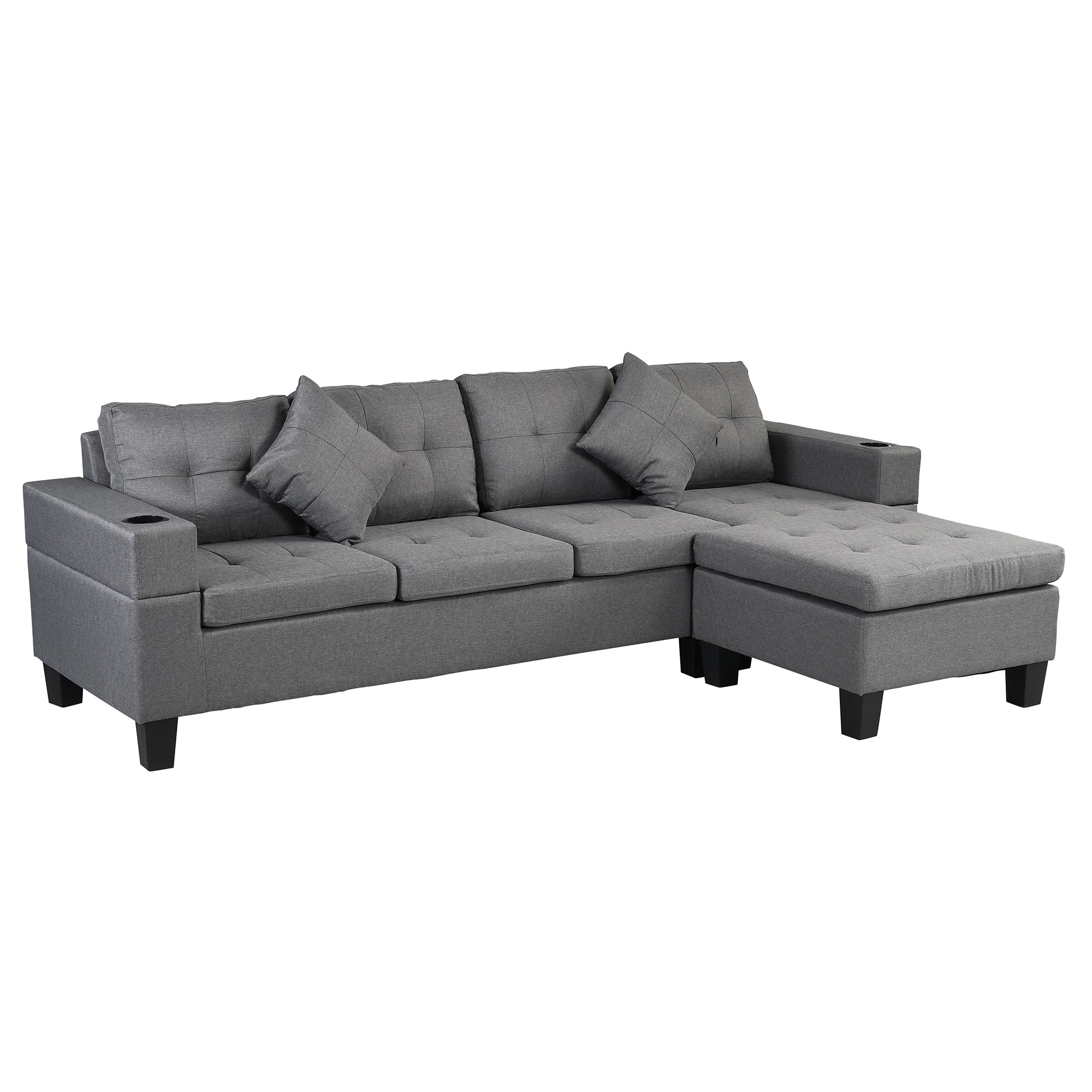 Modern 4Seat Sectional Sofa Set, LShape Chaise Lounge, Cup Holders