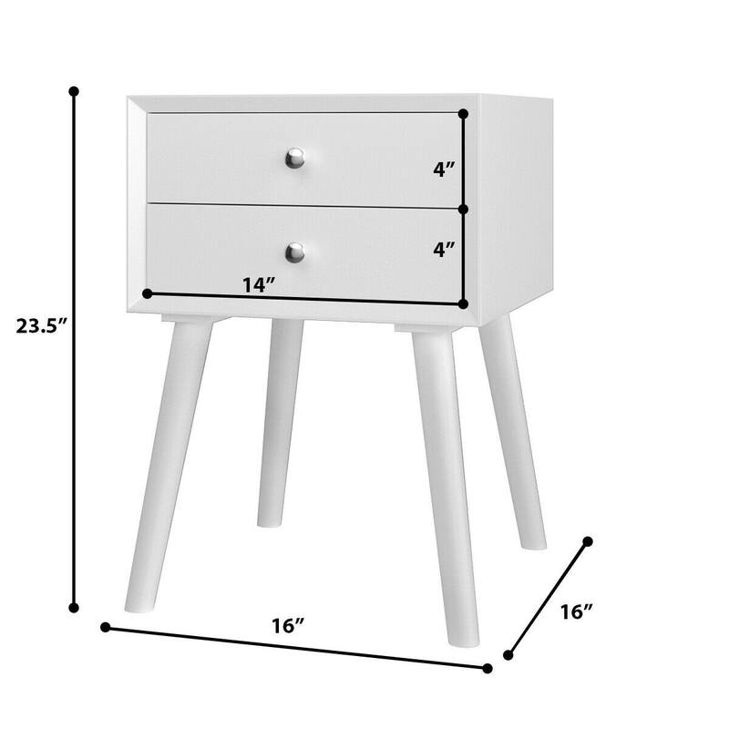 Wooden Nightstand Mid-Century End Side Table with 2 Storage Drawers-White - 16" L x 16" W x 23.5" H