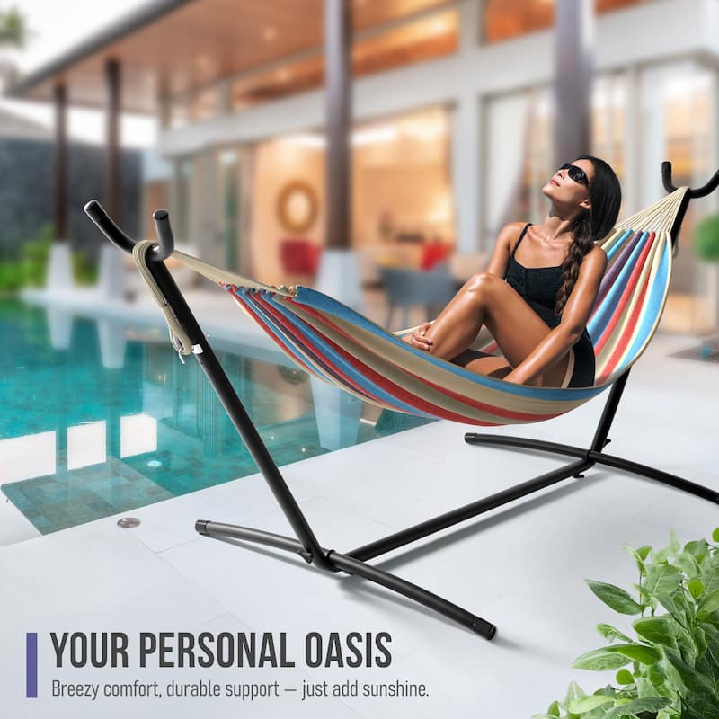 Brazilian Blue, Sand, Purple, Red Stripes Double Hammock with Stand