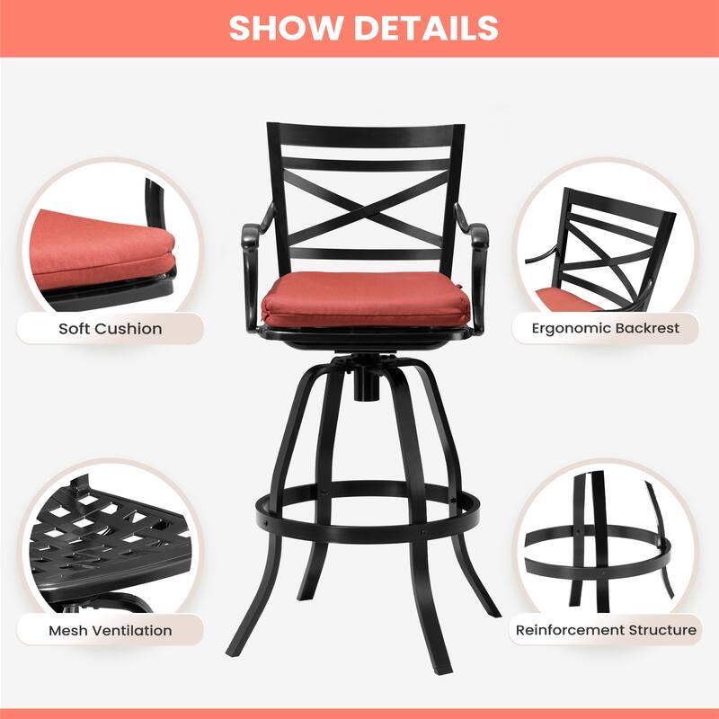Outdoor Patio Bar Stools Aluminum Swivel Bar Chair with Sunbrella Cushion - 21.7 in W x 16.5 in D x 46 in H