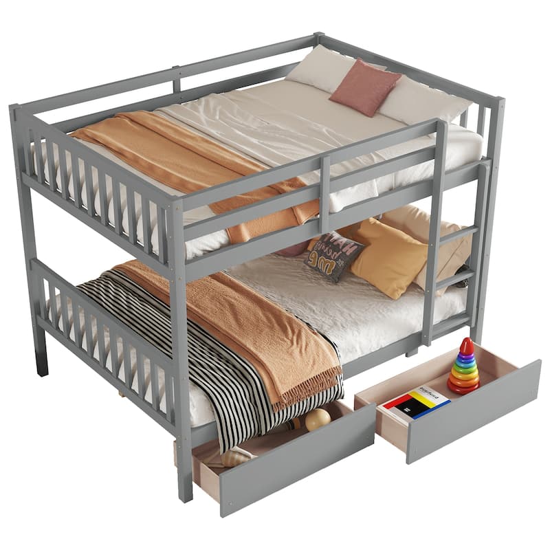 Full Over full Rubber Wood Bunk Bed with 2 Drawers, into 2 full Beds, full Size Bunk Bed with Ladder and Safety Guardrails