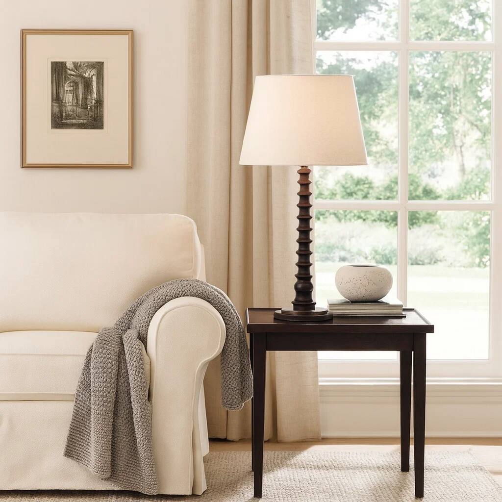 Dio 31 Inch Table Lamp, White Slub Drum Shade, Black Turned Wood Base