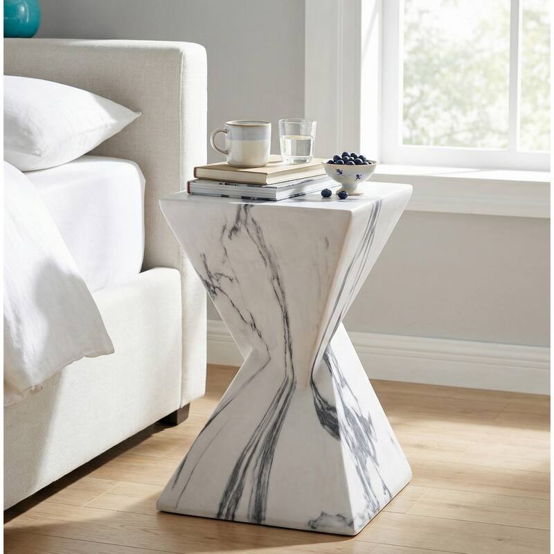 Christopher Knight Home - Modern Indoor/Outdoor 18.5"H Geometric Faux Marble MgO Accent Side Table with Sculptural Fluted Design