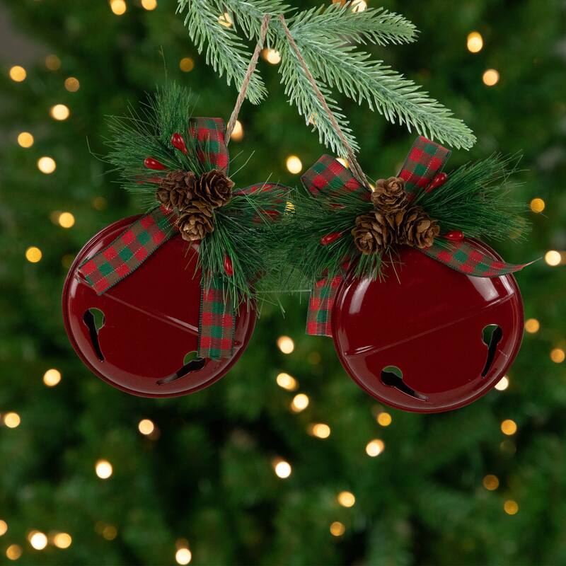 Jingle Bells with Pinecone Bows Disc Christmas Ornaments - 5" - Red - Set of 2