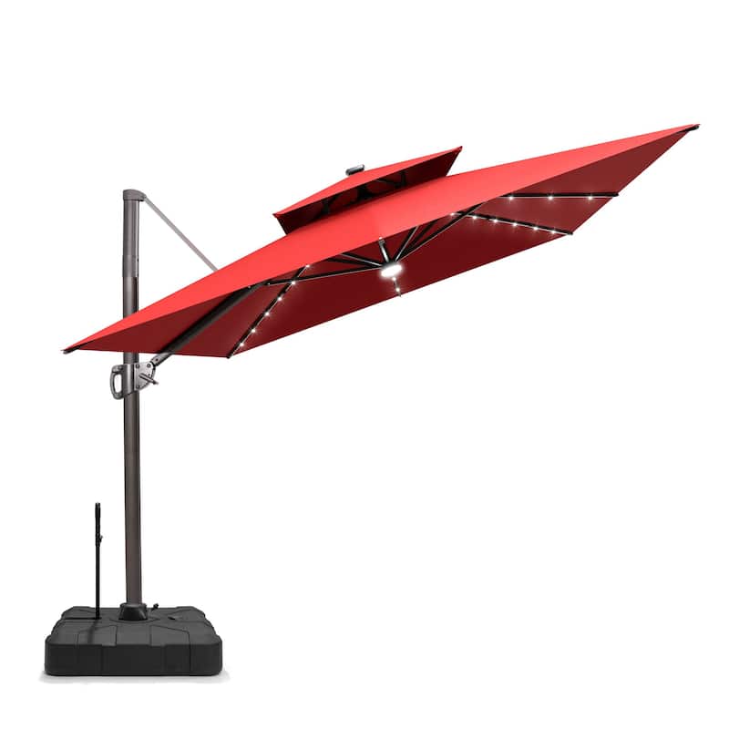 Pellebant 9x11 FT Outdoor Patio Double Top Cantilever Umbrella Solar LED Lighted with Rod Base - Red