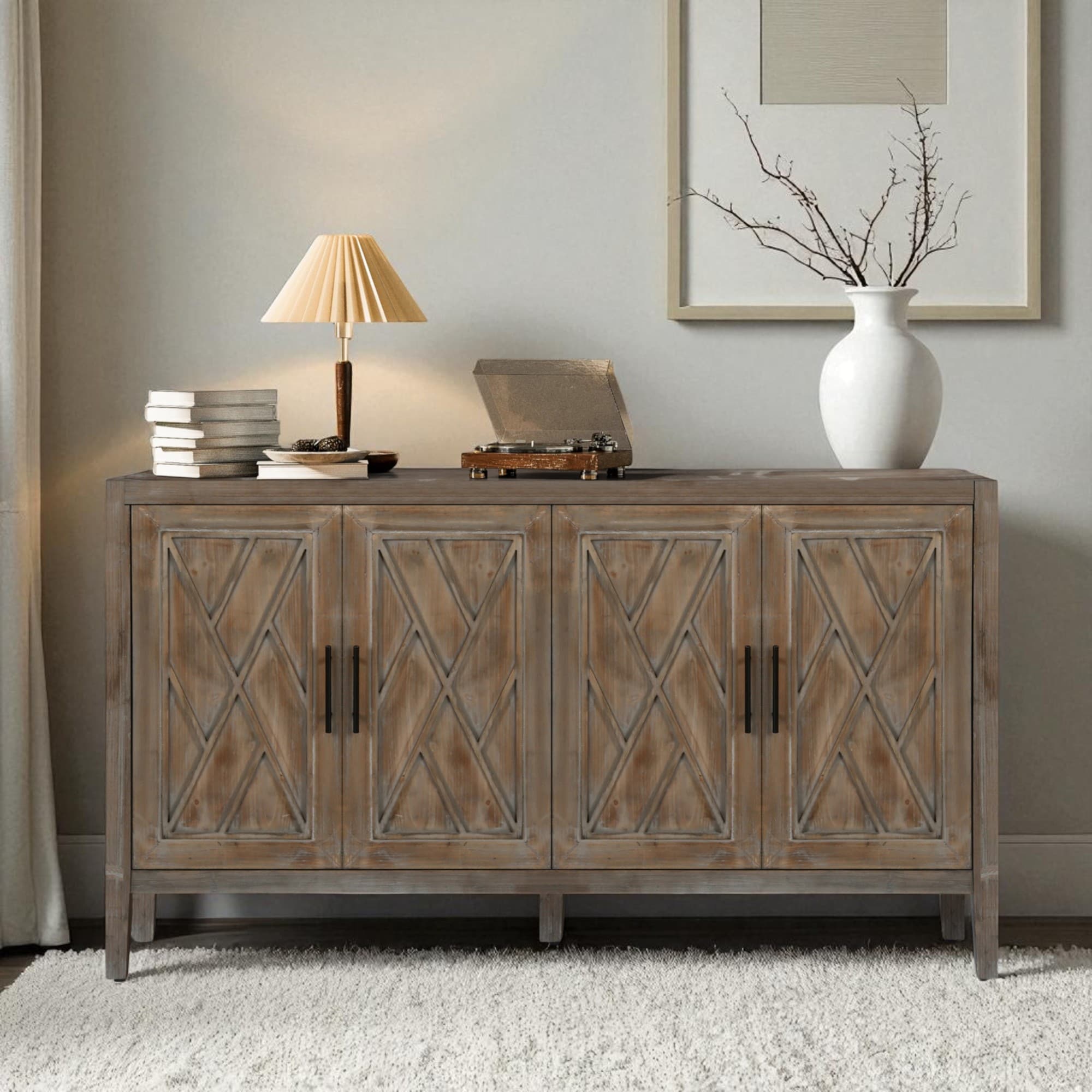 60" Modern Farmhouse Accent Cabinet with 4 Doors & Adjustable Shelves, Wood Sideboard Buffet Console for Dining Room, Kitchen