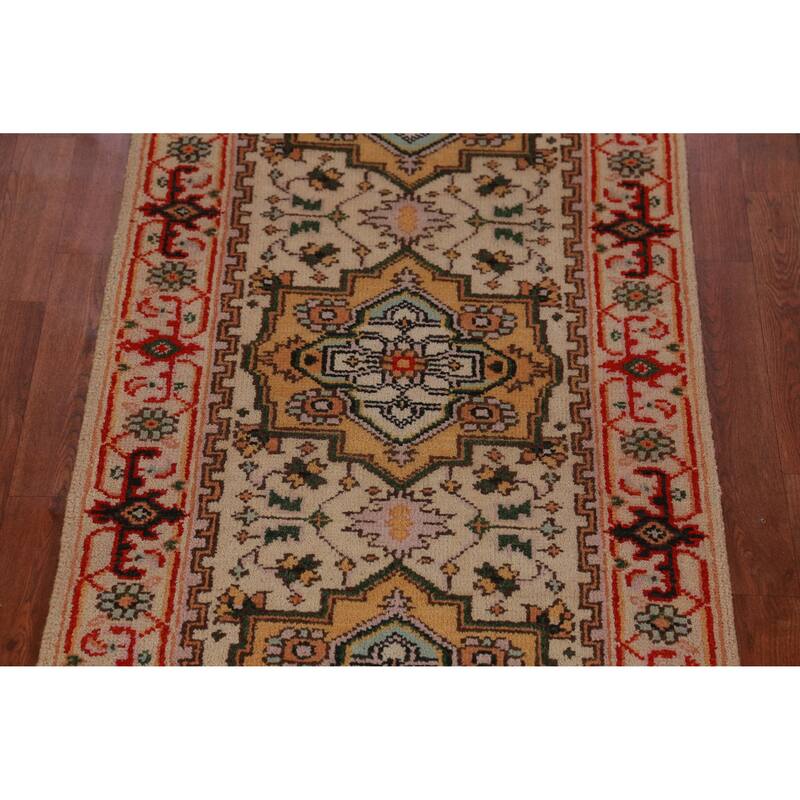 Hand Knotted Oriental 100% Wool Carpet Traditional Geometric Beige & Ivories Heriz (serapi) Runner Rug - 8' 1'' X 2' 7''