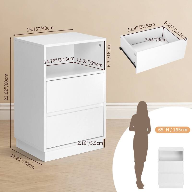 15.7" White Nightstand, P2 Particleboard, Matte Melamine, Beveled Drawer, 2 Drawers