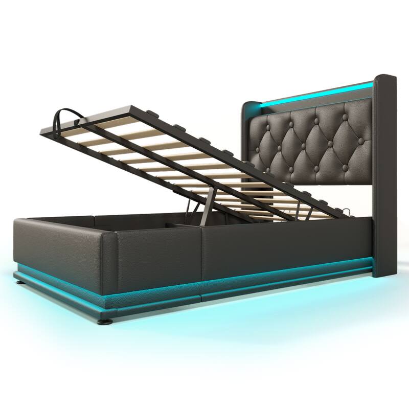 Twin Size Platform Bed Underbed Storage Bed with Wingback Tufted Headboard, USB and 360 Surround LED Strip, PU Upholstered