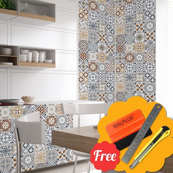 slide 2 of 5, Walplus Spanish Limestone Wall Tile Stickers Peel and Stick 48pcs 6"x6"
