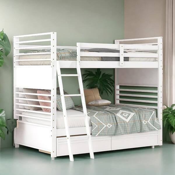 slide 2 of 60, Elegant Twin over Twin Wood Bunk Bed with Built-in Ladder and 2 Drawers, Maximized Space, Solid Construction White