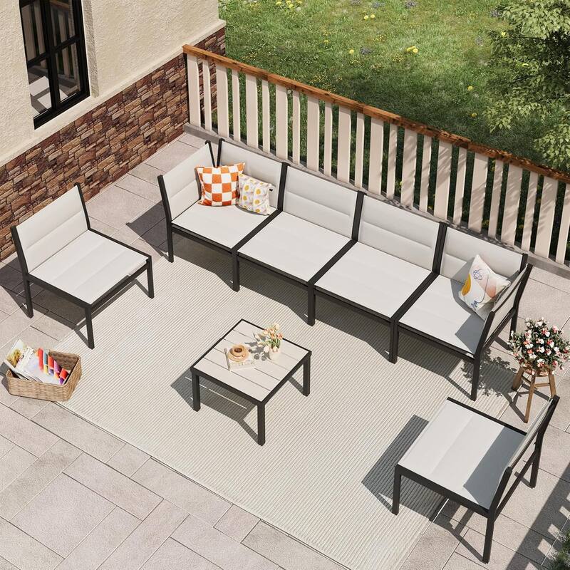 AECOJOY 7 Pieces Cotton-Filled Textilene Fabric Outdoor Conversation Sets with Coffee Table, Patio Sectional Furniture Set - Off-white