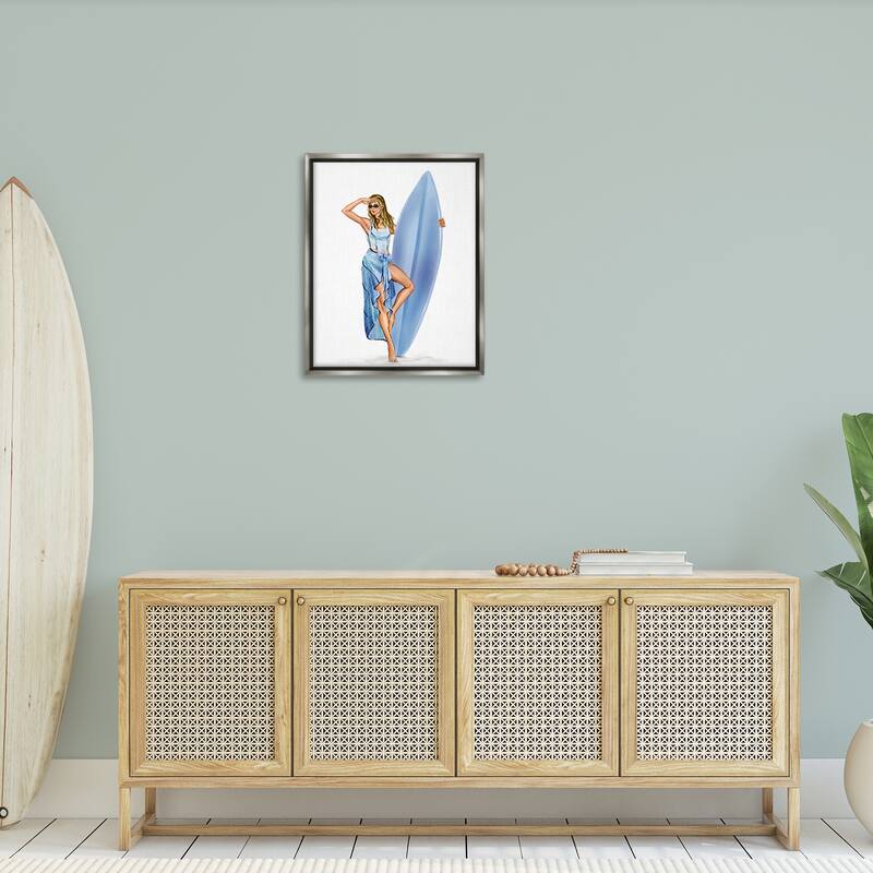 Stupell Trendy Surfer Girl in Blue Framed Floater Canvas Wall Art Design By Ziwei Li