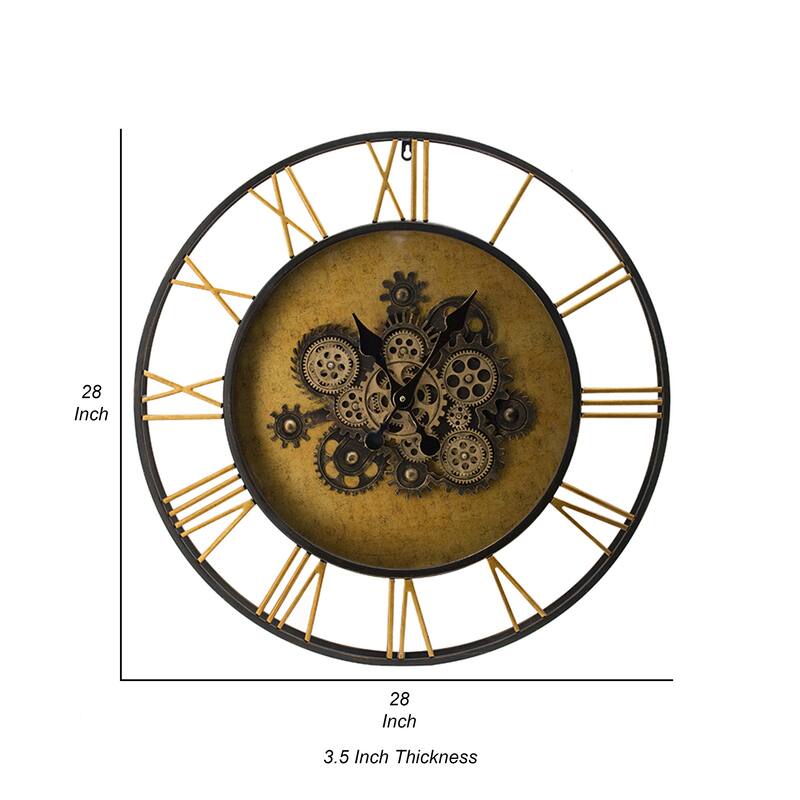 28 Inch Hanging Wall Clock, Round Gear Design, Gold and Black Iron Frame