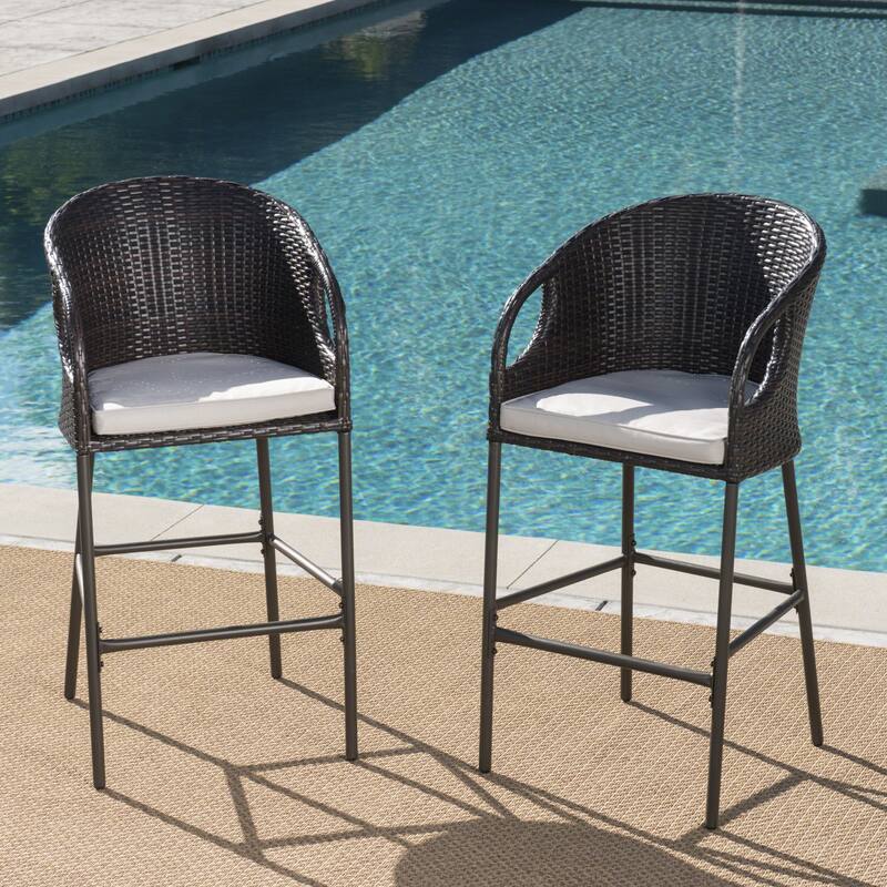 Outdoor 31" PE Rattan Barstools with Waterproof Cushions, Set of 2, Multibrown