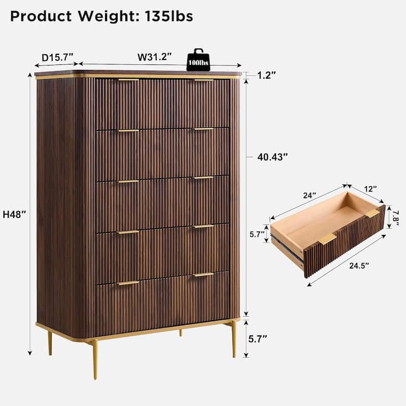 Modern Fluted 5 Drawers Dresser for Bedroom, Dresser Chest of Drawers