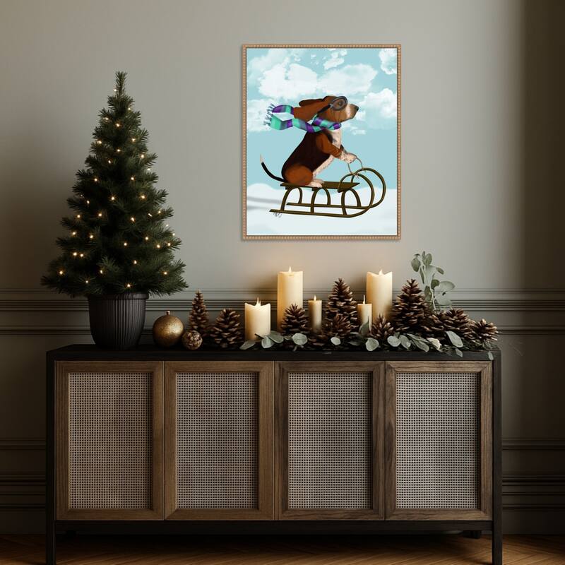 Basset Hound Sledging by Fab Funky (23 x 28 in.), Framed Canvas Wall Art Print - Sylvie Beaded Rustic Natural