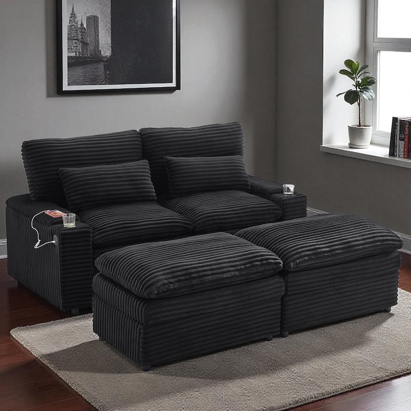 70.9" Convertible Loveseat Sofa Bed with Storage, 2 Ottomans, 4 USB Ports and Cup Holders, Corduroy Sectional for Living Room