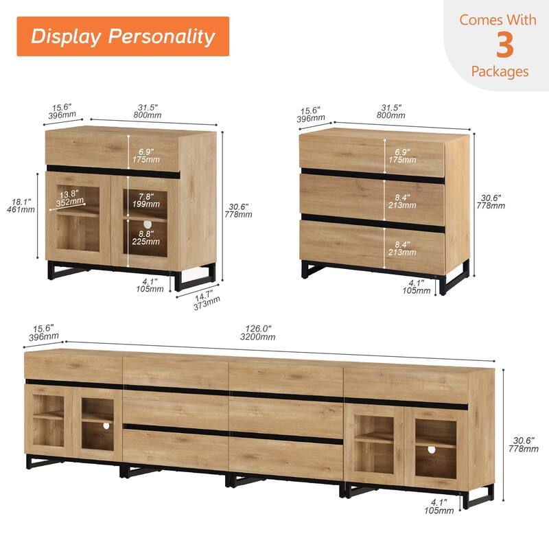 4-in-1 TV Stand for 120" TVs, Modern Console with Glass Doors & 8 Drawers