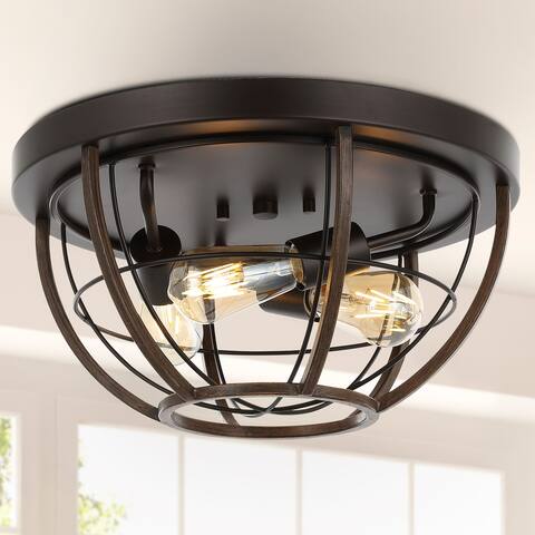 Liam 15.75" 3-Light Rustic Farmhouse Iron LED Flush Mount, Wood Finished/Oil Rubbed Bronze by JONATHAN Y - 3 Light