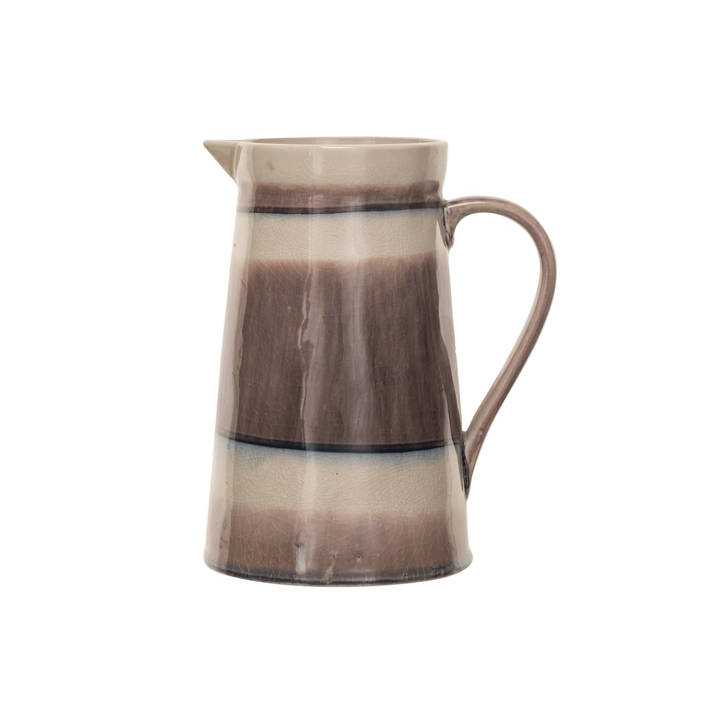 Stoneware Pitcher with Stripes and Crackle Glaze - 6.9"L x 5.3"W x 8.3"H - 6.9"L x 5.3"W x 8.3"H