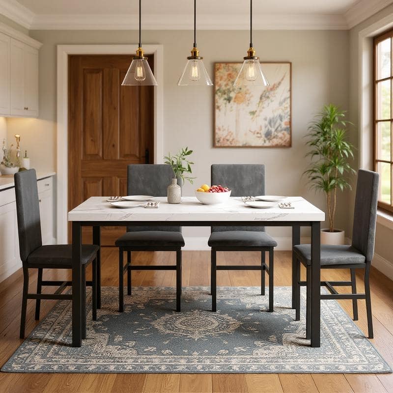 Grondin Modern Style Faux Marble Top 5-Piece Casual Dining Room Table Set with 4 Velvet Upholstered Dining Chairs - Marble White/Gray Velvet