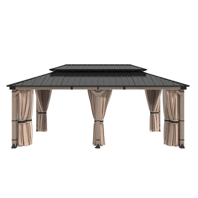 12X20FT Outdoor Wood Frame Patio Gazebo, Metal Pavilion with Curtain and Netting
