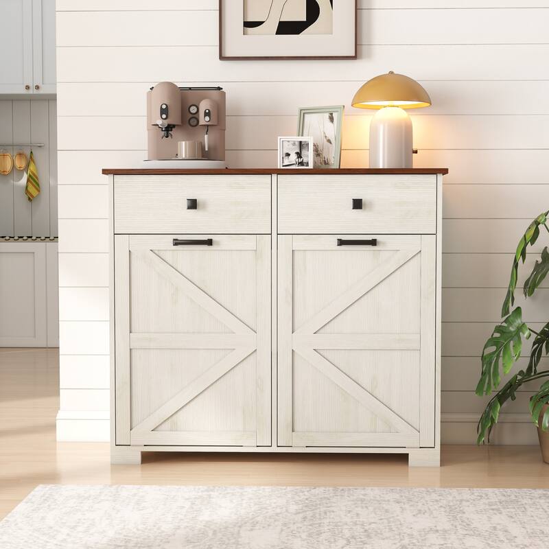 Tilt Out Trash Cabinet, Freestanding Wooden Trash Recycling Cabinet, Hidden Dual Laundry Cabinets with 2 Drawers & 2 Baskets - Brown + Antique White