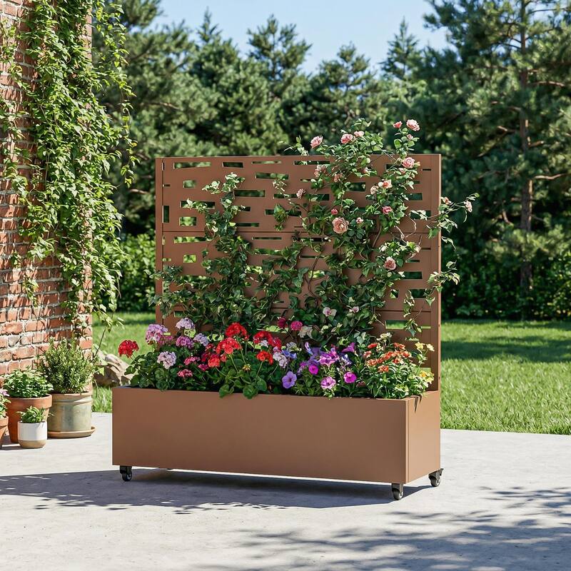 Raised Garden Bed Planter with Trellis Movable Planter Box with Lockable Wheels - 47*47 - Brown