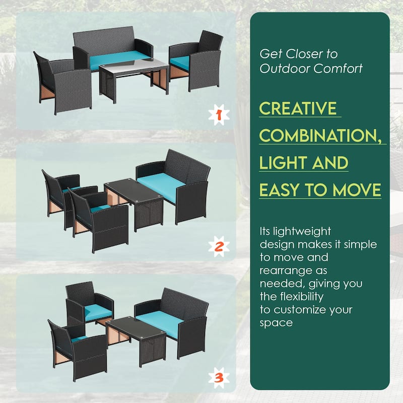 EROMMY 4-Piece Patio Furniture Set with Cushions, Wicker Sofa and Glass Coffee Table, All-Weather PE Rattan Conversation Set.