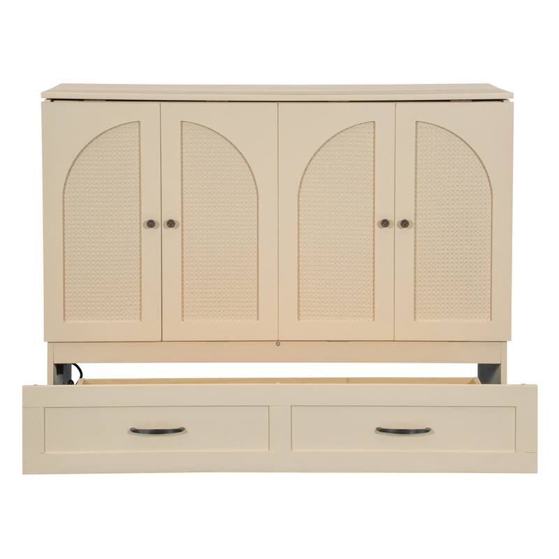 Full Size Murphy Bed Cabinet with Charging Station & A Large Drawer, Foldable Pull Out Wall Bed for Apartments, Bedrooms, Studio