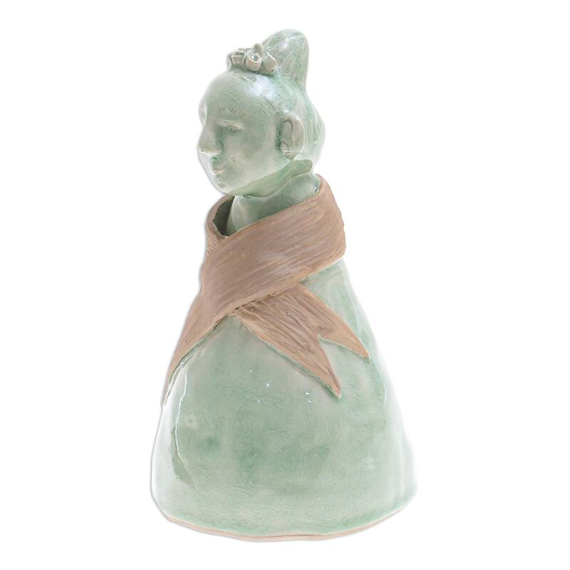 Novica Handmade Hill Tribe Woman Celadon Ceramic Sculpture